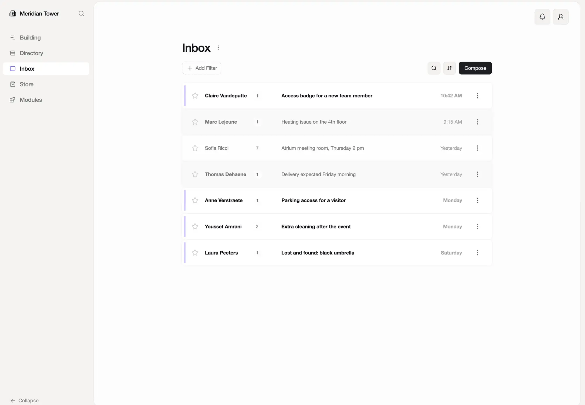The Nook inbox: tenant requests, filters and a Compose button